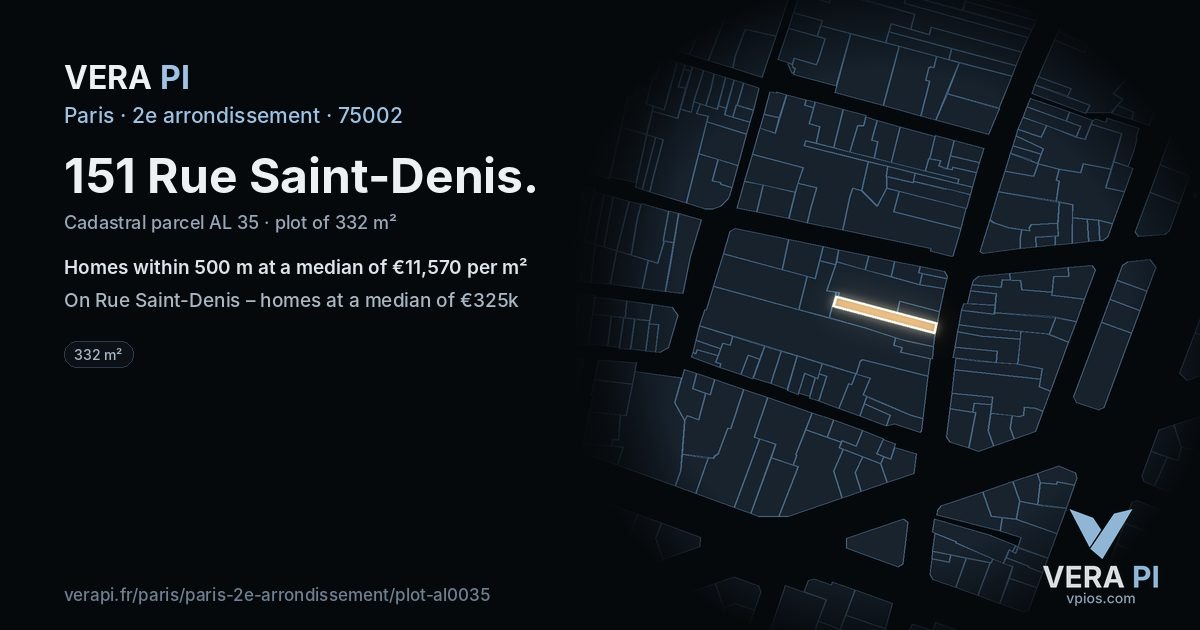 151 Rue Saint-Denis, 2e arrondissement at night – the plot lit, the parcels around coloured by the prices near them