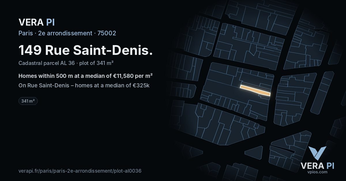 149 Rue Saint-Denis, 2e arrondissement at night – the plot lit, the parcels around coloured by the prices near them