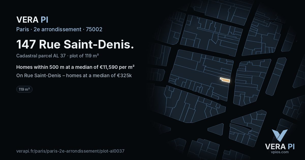 147 Rue Saint-Denis, 2e arrondissement at night – the plot lit, the parcels around coloured by the prices near them