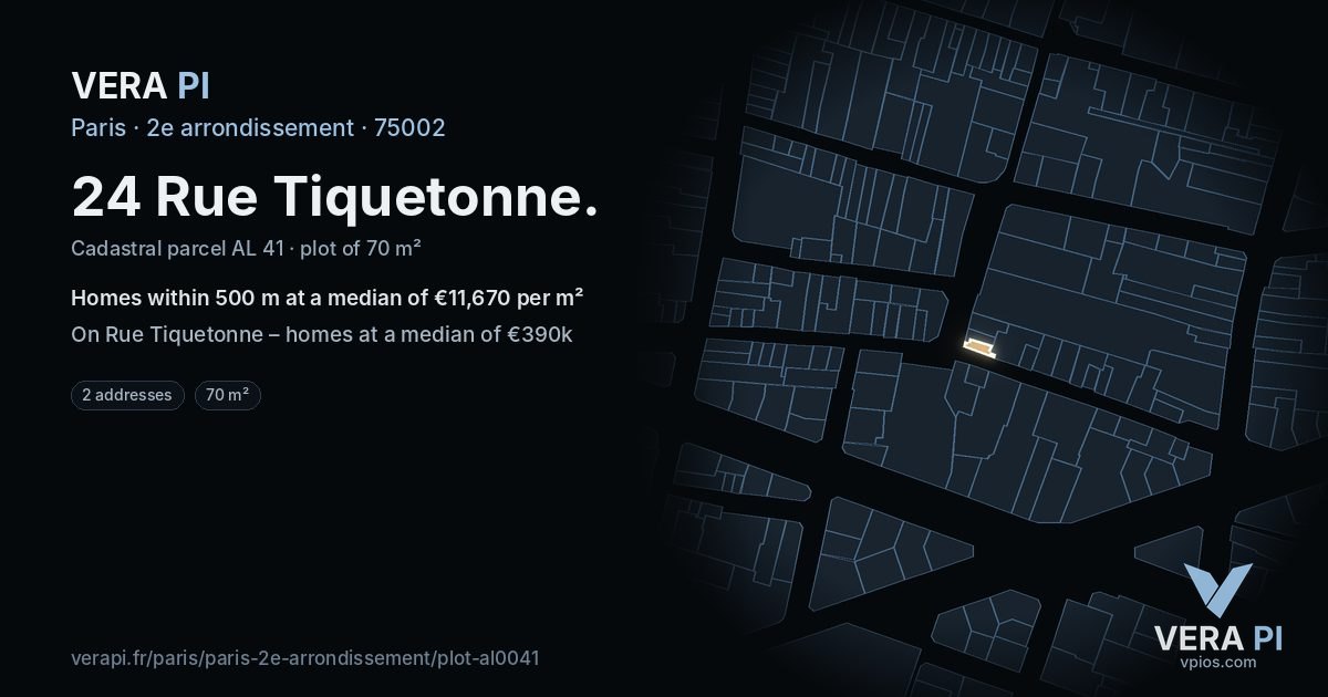 24 Rue Tiquetonne, 2e arrondissement at night – the plot lit, the parcels around coloured by the prices near them