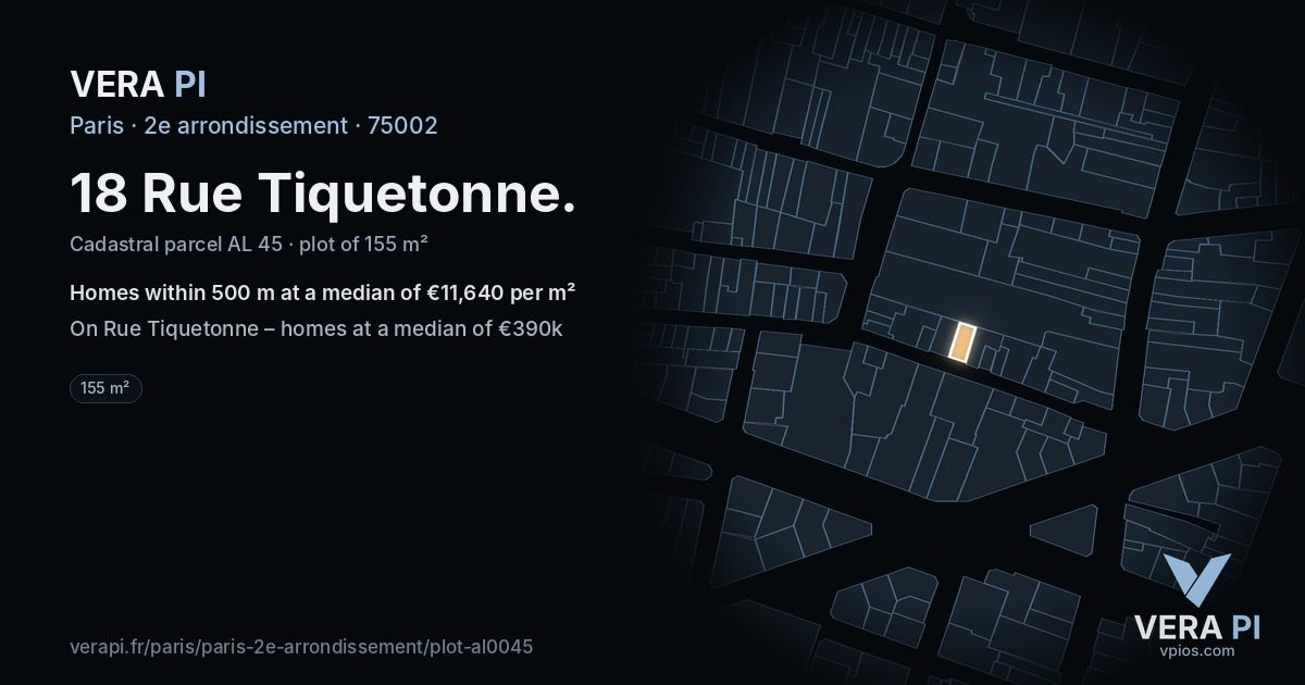 18 Rue Tiquetonne, 2e arrondissement at night – the plot lit, the parcels around coloured by the prices near them
