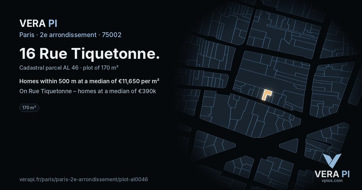 16 Rue Tiquetonne, 2e arrondissement at night – the plot lit, the parcels around coloured by the prices near them