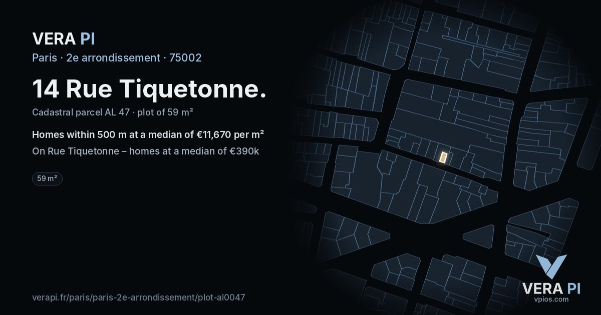 14 Rue Tiquetonne, 2e arrondissement at night – the plot lit, the parcels around coloured by the prices near them