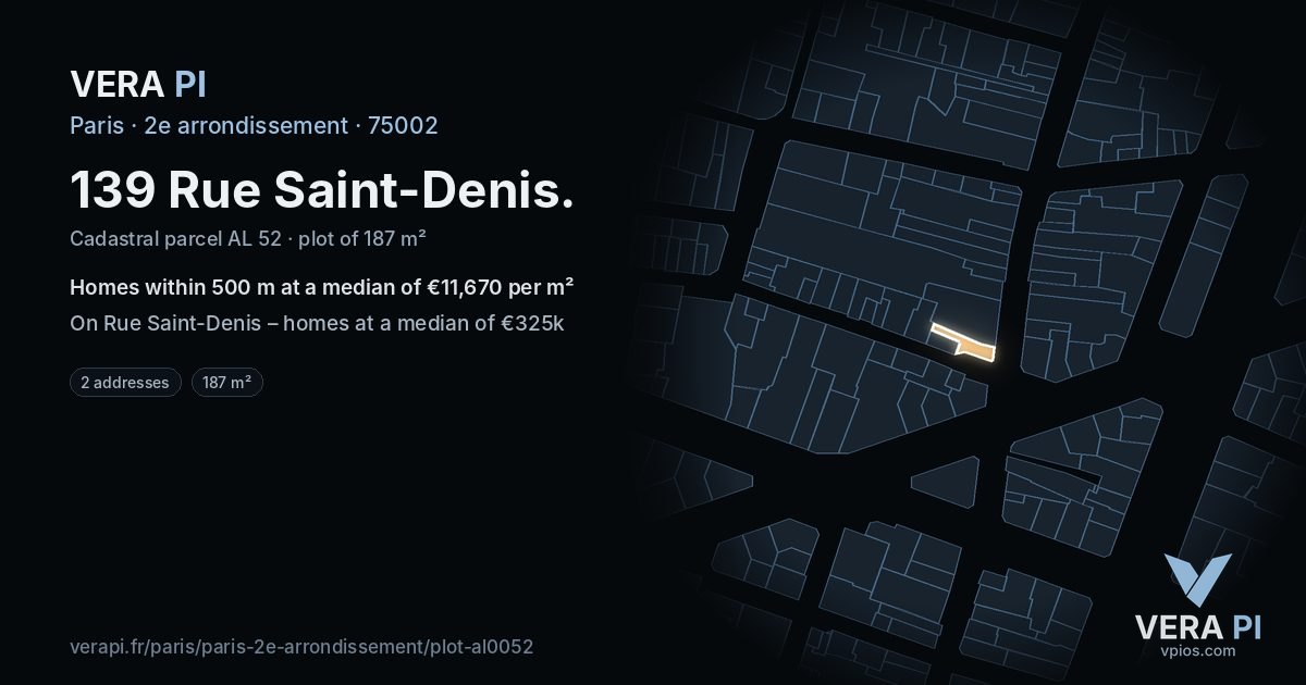 139 Rue Saint-Denis, 2e arrondissement at night – the plot lit, the parcels around coloured by the prices near them