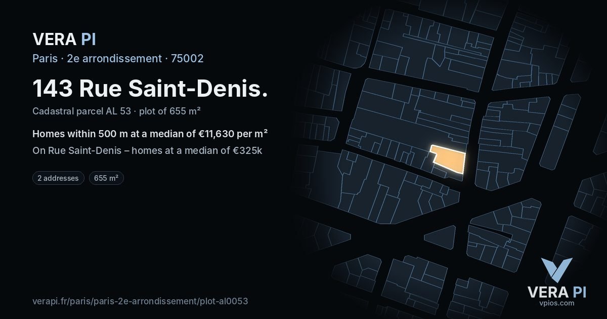 143 Rue Saint-Denis, 2e arrondissement at night – the plot lit, the parcels around coloured by the prices near them