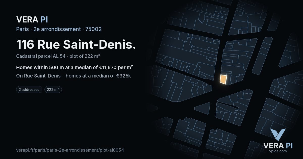 116 Rue Saint-Denis, 2e arrondissement at night – the plot lit, the parcels around coloured by the prices near them