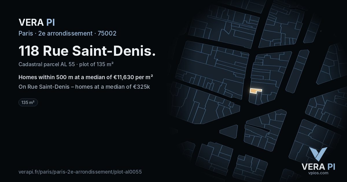 118 Rue Saint-Denis, 2e arrondissement at night – the plot lit, the parcels around coloured by the prices near them