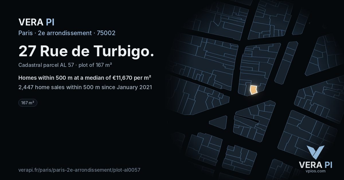 27 Rue de Turbigo, 2e arrondissement at night – the plot lit, the parcels around coloured by the prices near them