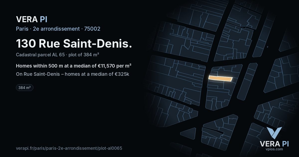 130 Rue Saint-Denis, 2e arrondissement at night – the plot lit, the parcels around coloured by the prices near them
