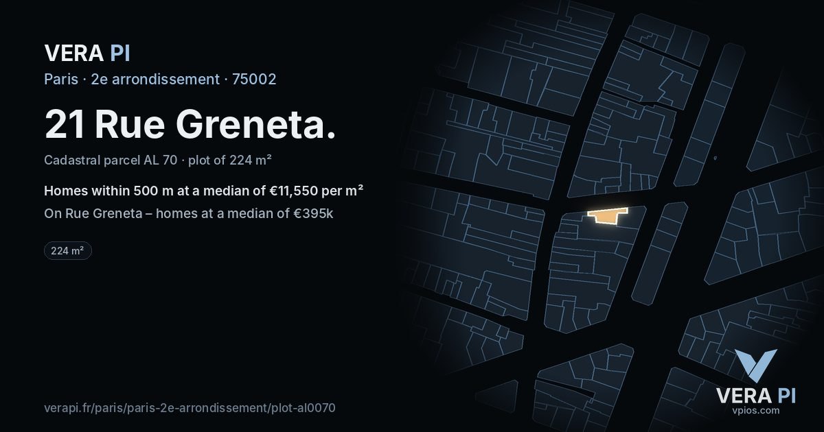 21 Rue Greneta, 2e arrondissement at night – the plot lit, the parcels around coloured by the prices near them
