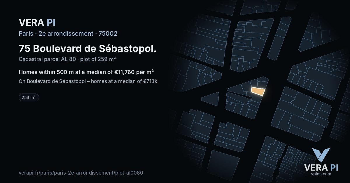 75 Boulevard de Sébastopol, 2e arrondissement at night – the plot lit, the parcels around coloured by the prices near them