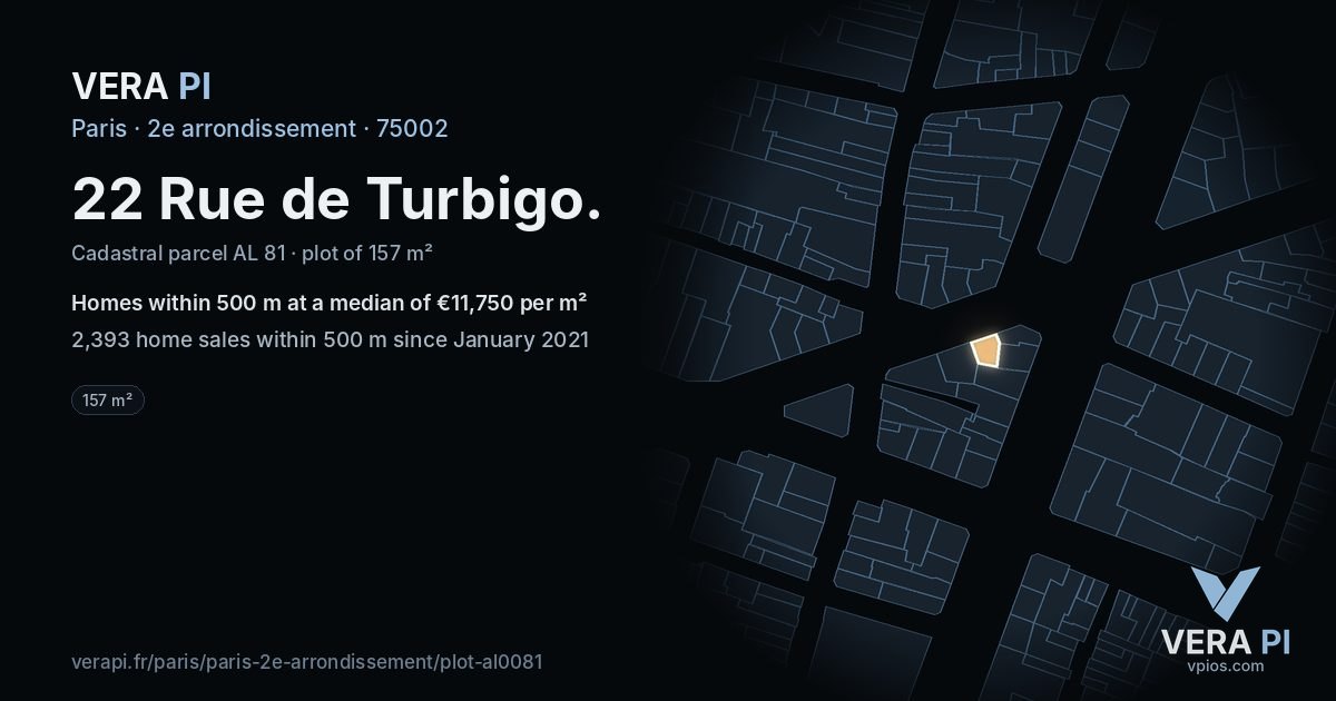 22 Rue de Turbigo, 2e arrondissement at night – the plot lit, the parcels around coloured by the prices near them