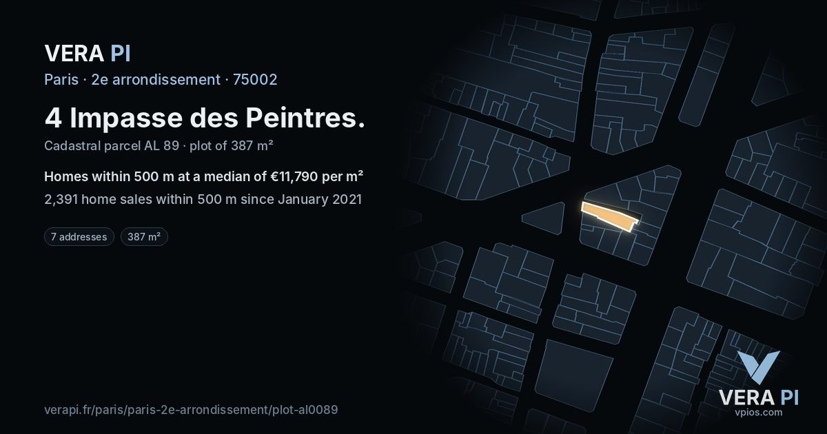 4 Impasse des Peintres, 2e arrondissement at night – the plot lit, the parcels around coloured by the prices near them