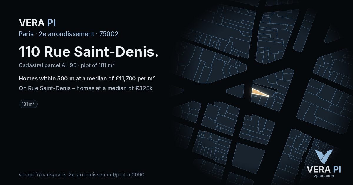 110 Rue Saint-Denis, 2e arrondissement at night – the plot lit, the parcels around coloured by the prices near them