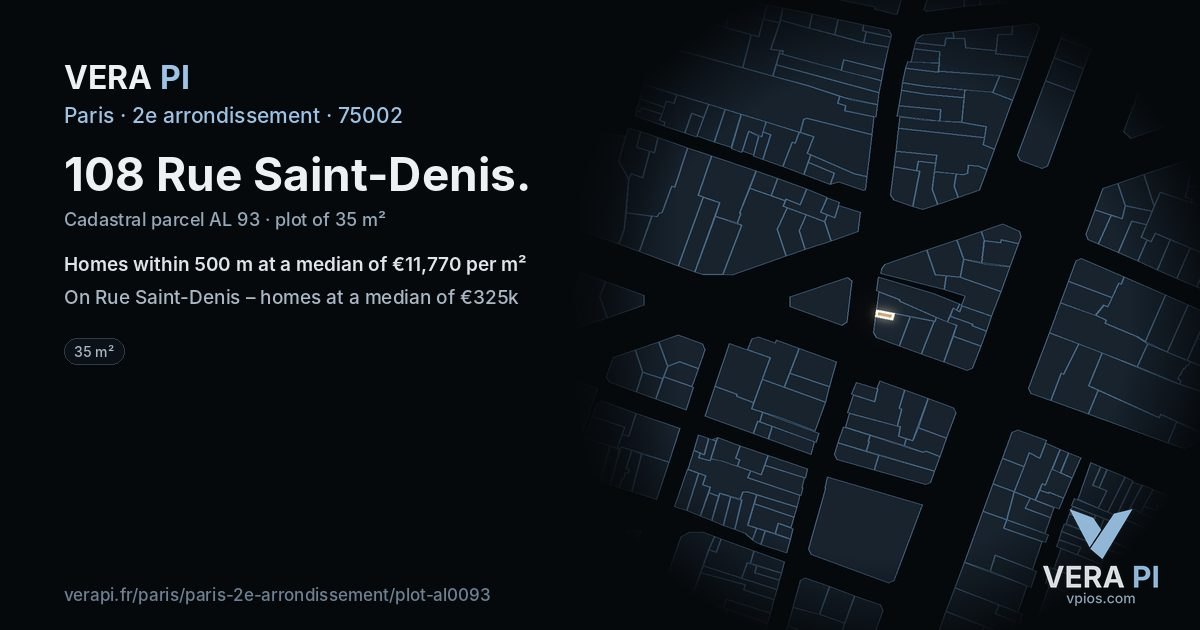 108 Rue Saint-Denis, 2e arrondissement at night – the plot lit, the parcels around coloured by the prices near them