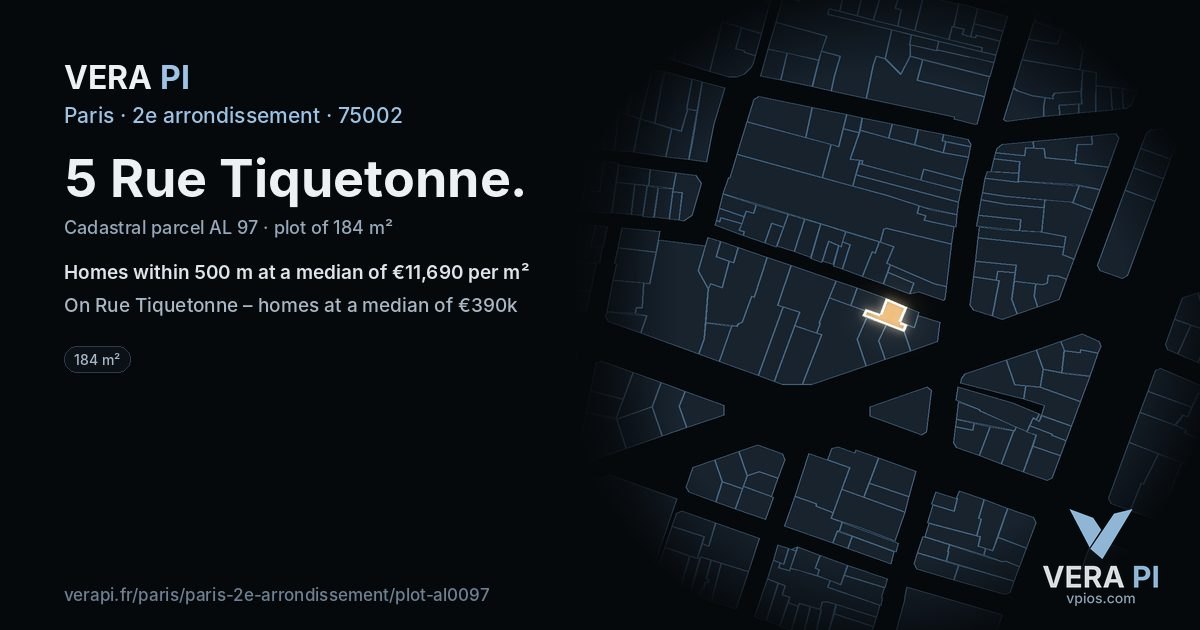 5 Rue Tiquetonne, 2e arrondissement at night – the plot lit, the parcels around coloured by the prices near them