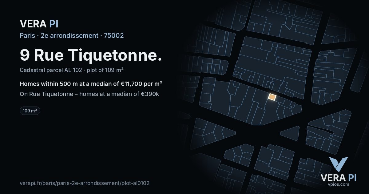 9 Rue Tiquetonne, 2e arrondissement at night – the plot lit, the parcels around coloured by the prices near them