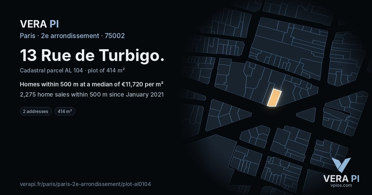 13 Rue de Turbigo, 2e arrondissement at night – the plot lit, the parcels around coloured by the prices near them