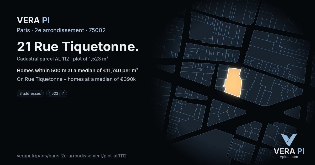 21 Rue Tiquetonne, 2e arrondissement at night – the plot lit, the parcels around coloured by the prices near them