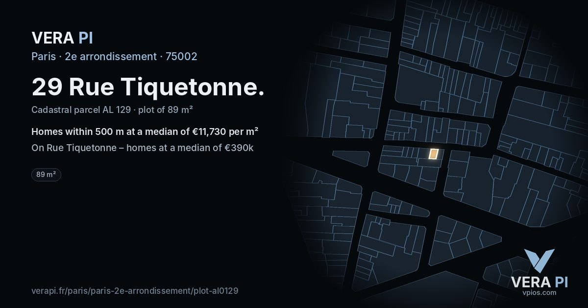 29 Rue Tiquetonne, 2e arrondissement at night – the plot lit, the parcels around coloured by the prices near them