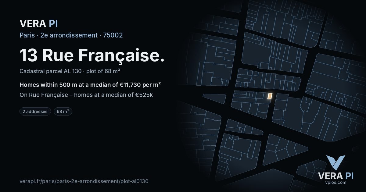 13 Rue Française, 2e arrondissement at night – the plot lit, the parcels around coloured by the prices near them