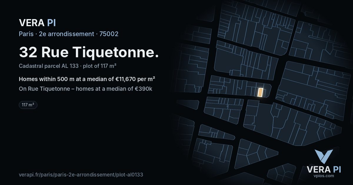32 Rue Tiquetonne, 2e arrondissement at night – the plot lit, the parcels around coloured by the prices near them