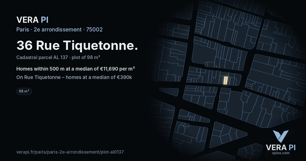 36 Rue Tiquetonne, 2e arrondissement at night – the plot lit, the parcels around coloured by the prices near them