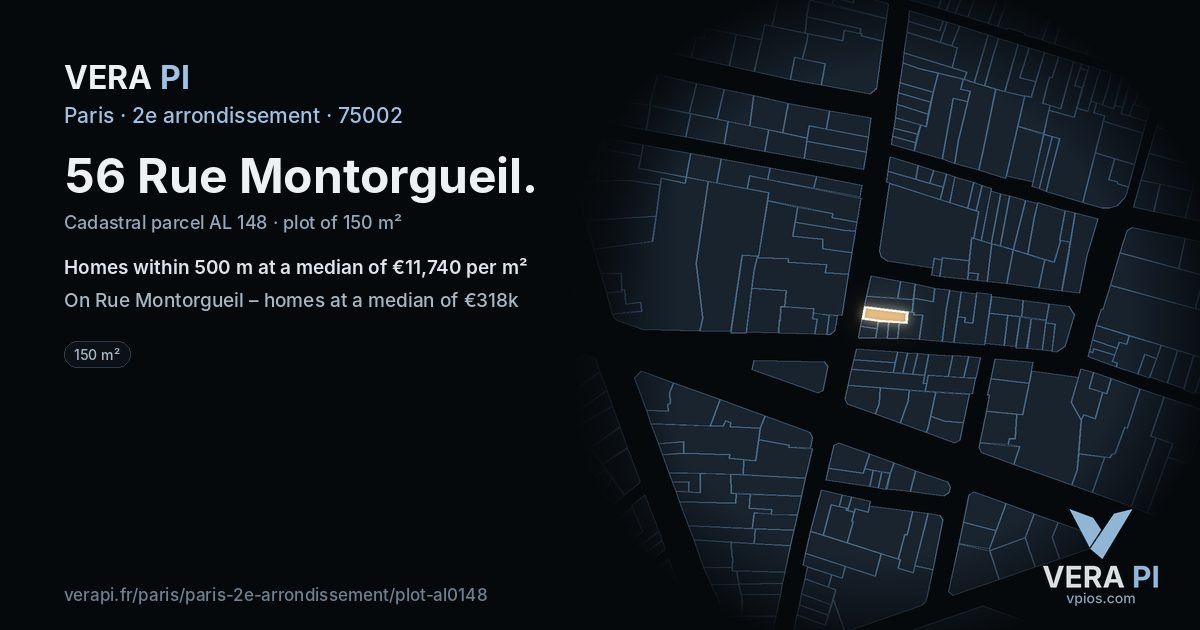 56 Rue Montorgueil, 2e arrondissement at night – the plot lit, the parcels around coloured by the prices near them