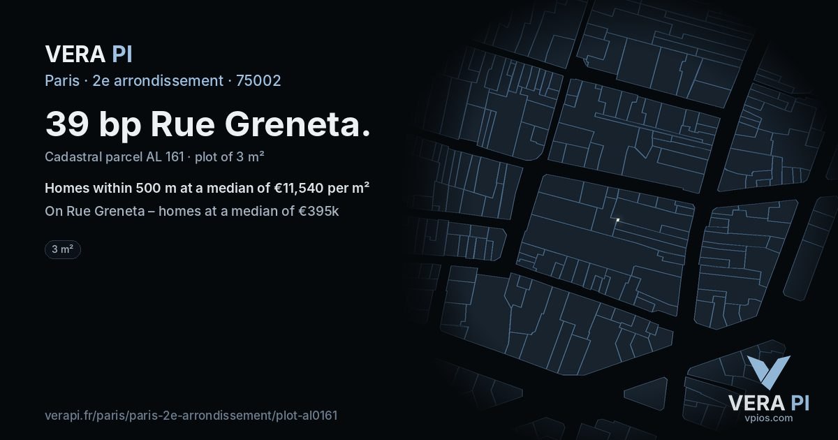 39 bp Rue Greneta, 2e arrondissement at night – the plot lit, the parcels around coloured by the prices near them