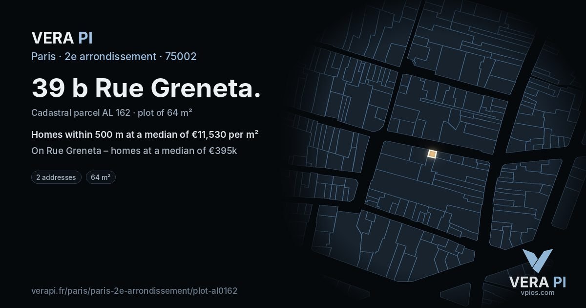 39 b Rue Greneta, 2e arrondissement at night – the plot lit, the parcels around coloured by the prices near them