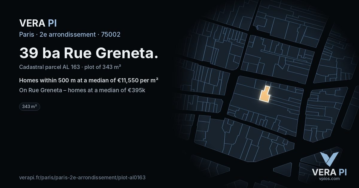39 ba Rue Greneta, 2e arrondissement at night – the plot lit, the parcels around coloured by the prices near them