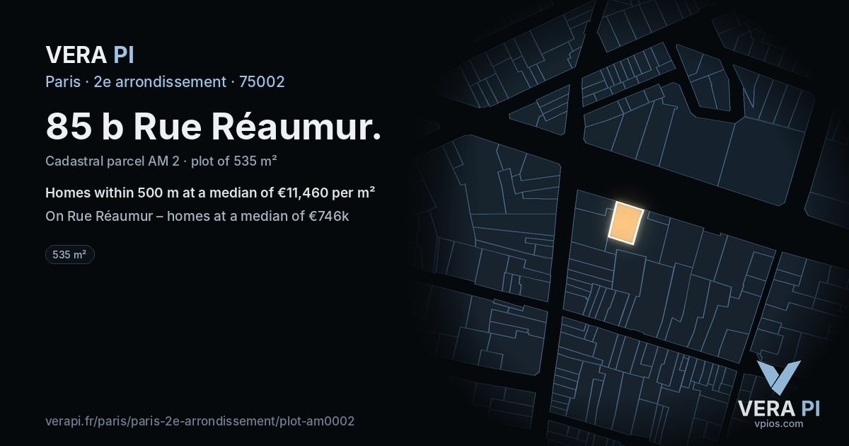 85 b Rue Réaumur, 2e arrondissement at night – the plot lit, the parcels around coloured by the prices near them