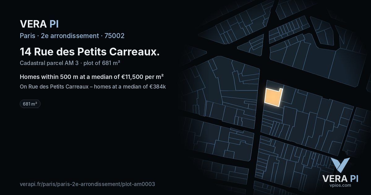 14 Rue des Petits Carreaux, 2e arrondissement at night – the plot lit, the parcels around coloured by the prices near them