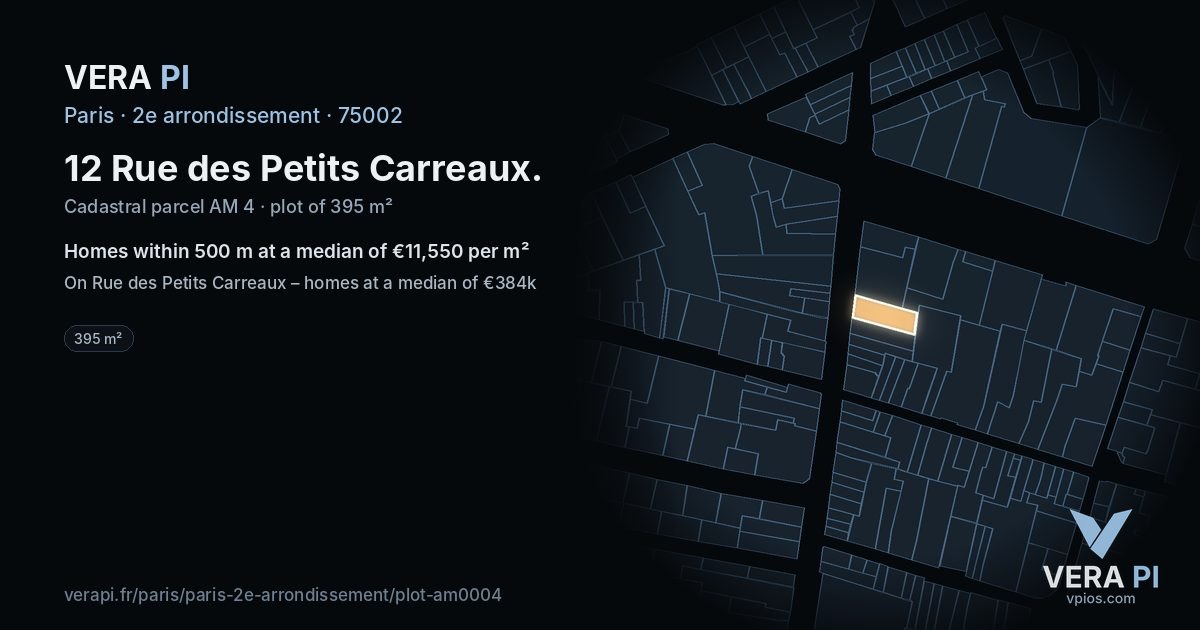 12 Rue des Petits Carreaux, 2e arrondissement at night – the plot lit, the parcels around coloured by the prices near them