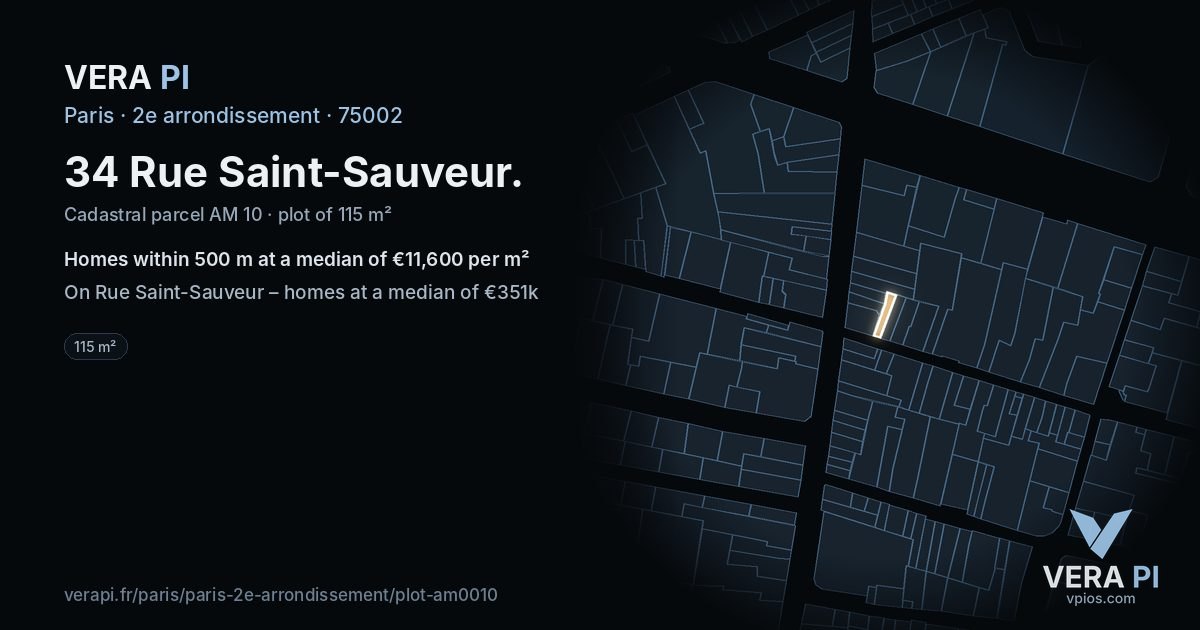 34 Rue Saint-Sauveur, 2e arrondissement at night – the plot lit, the parcels around coloured by the prices near them