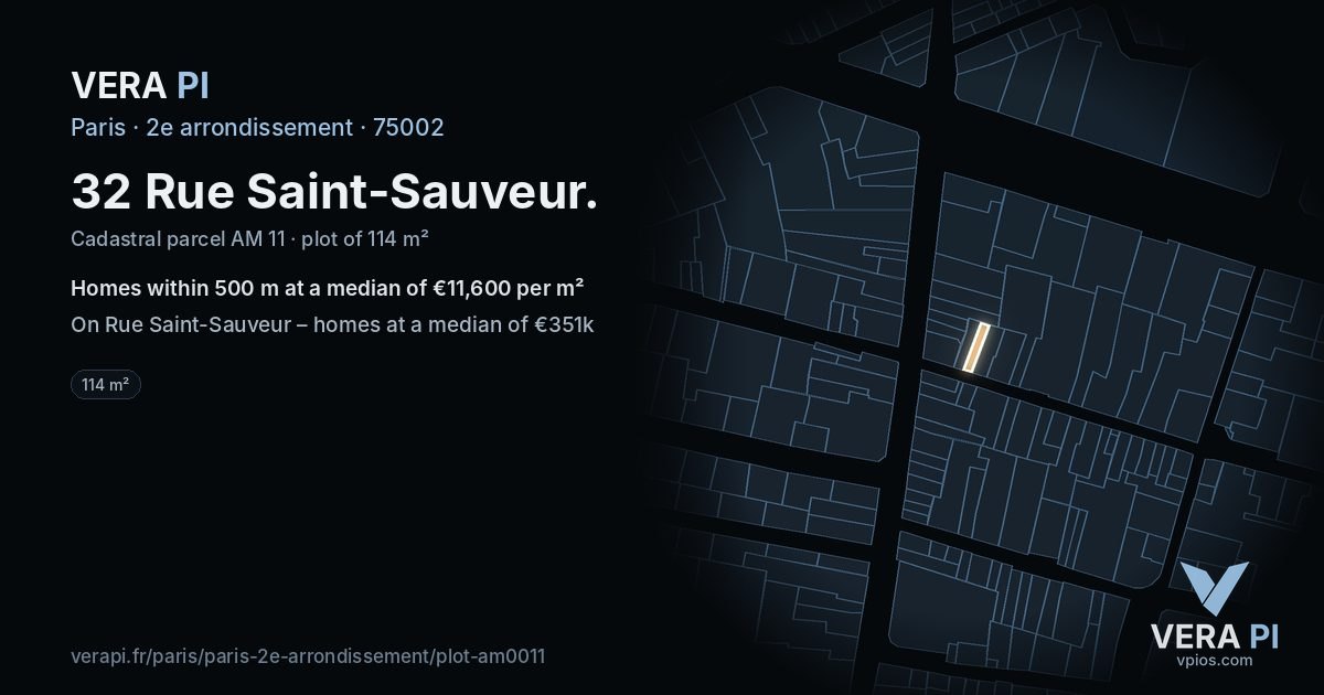 32 Rue Saint-Sauveur, 2e arrondissement at night – the plot lit, the parcels around coloured by the prices near them