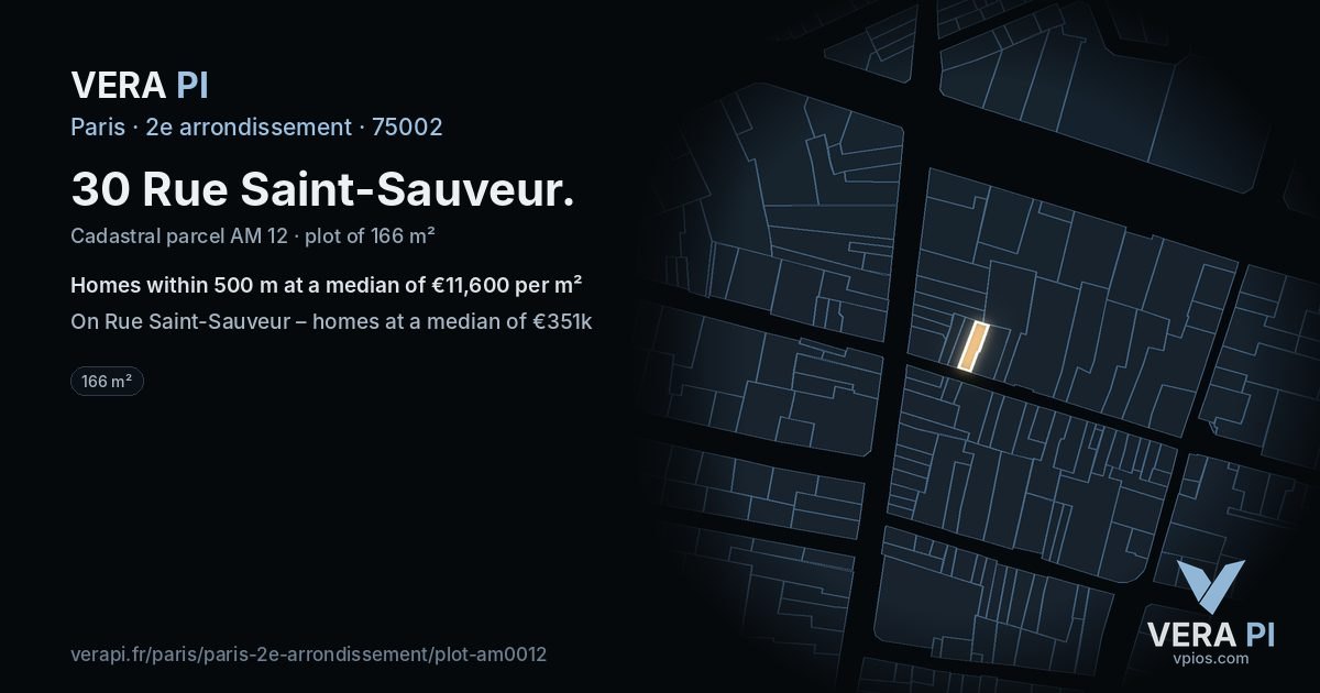 30 Rue Saint-Sauveur, 2e arrondissement at night – the plot lit, the parcels around coloured by the prices near them