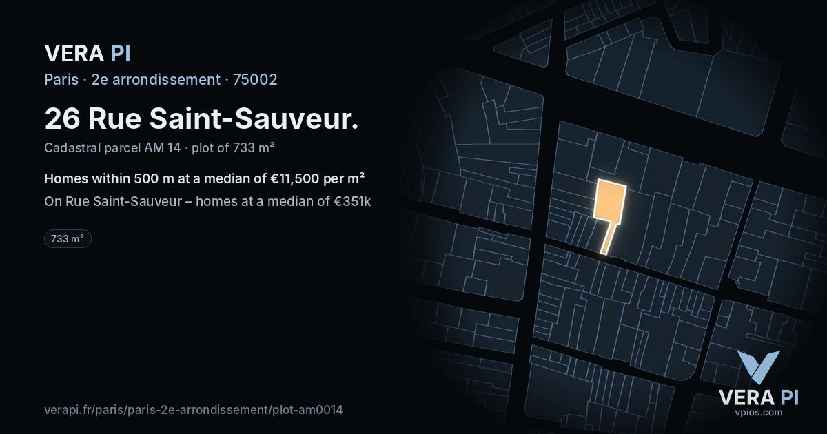26 Rue Saint-Sauveur, 2e arrondissement at night – the plot lit, the parcels around coloured by the prices near them