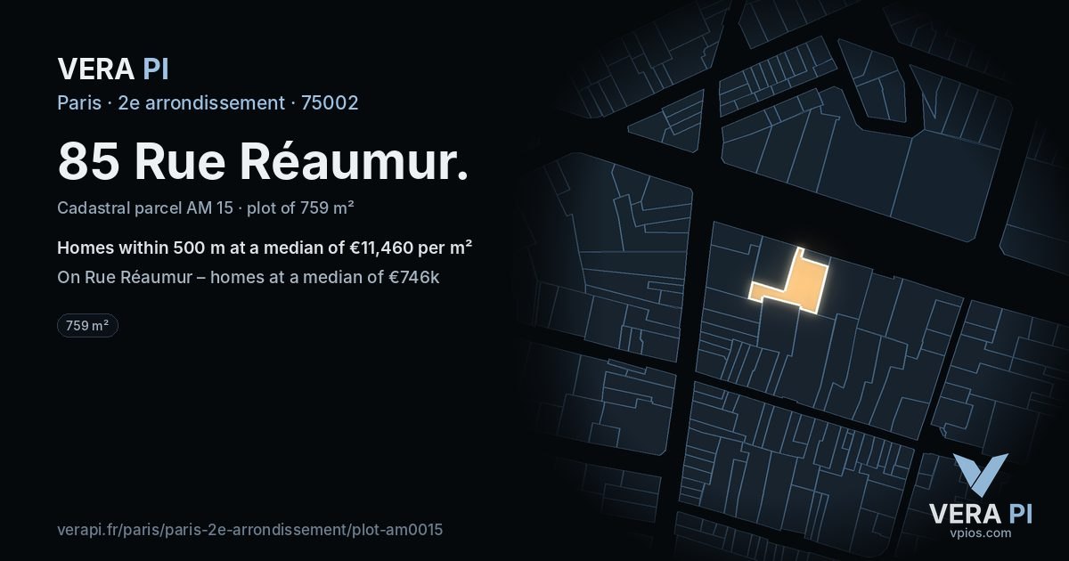 85 Rue Réaumur, 2e arrondissement at night – the plot lit, the parcels around coloured by the prices near them