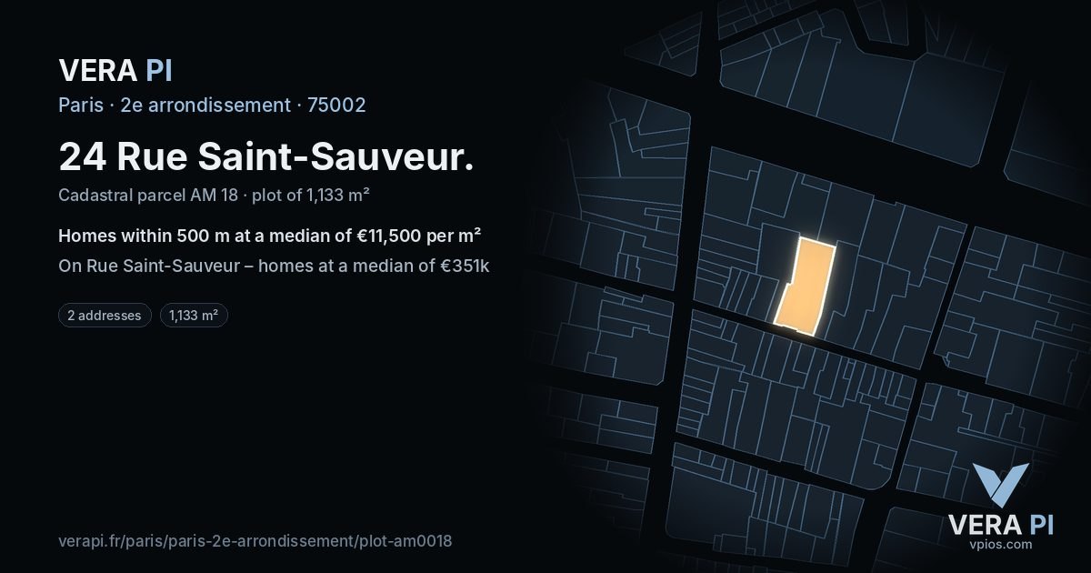 24 Rue Saint-Sauveur, 2e arrondissement at night – the plot lit, the parcels around coloured by the prices near them