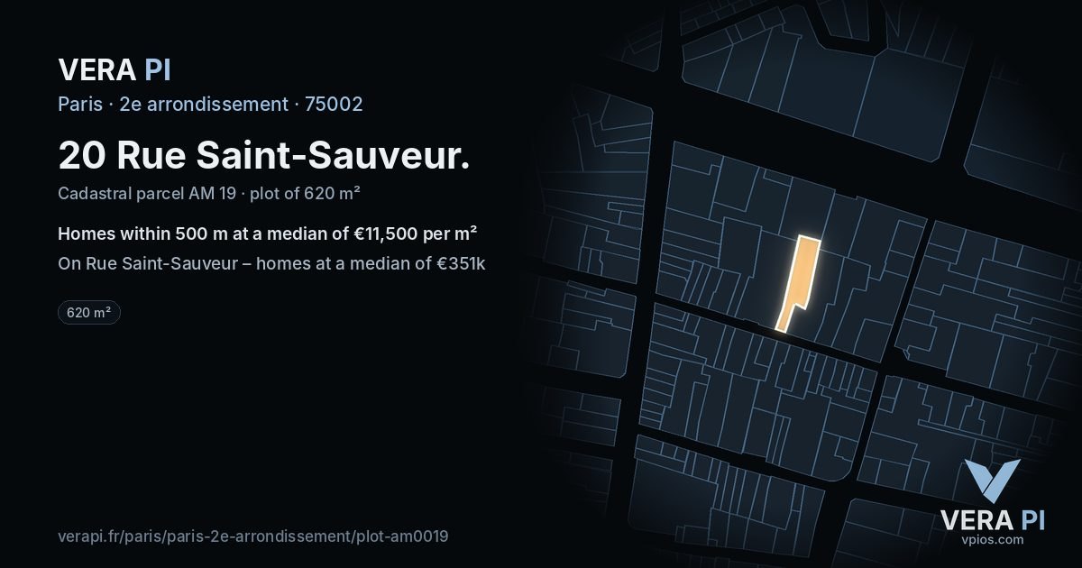 20 Rue Saint-Sauveur, 2e arrondissement at night – the plot lit, the parcels around coloured by the prices near them