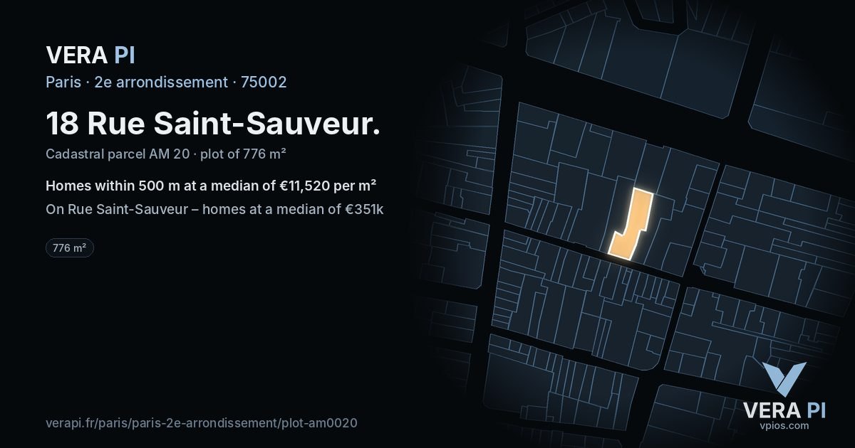 18 Rue Saint-Sauveur, 2e arrondissement at night – the plot lit, the parcels around coloured by the prices near them