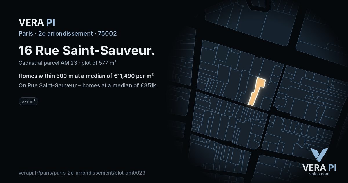 16 Rue Saint-Sauveur, 2e arrondissement at night – the plot lit, the parcels around coloured by the prices near them