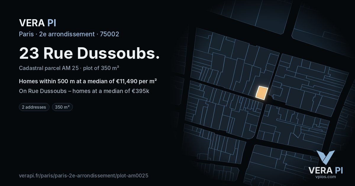 23 Rue Dussoubs, 2e arrondissement at night – the plot lit, the parcels around coloured by the prices near them