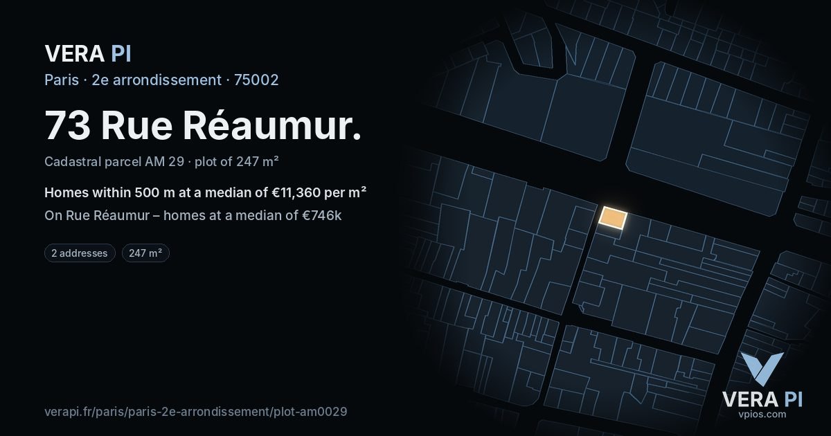 73 Rue Réaumur, 2e arrondissement at night – the plot lit, the parcels around coloured by the prices near them