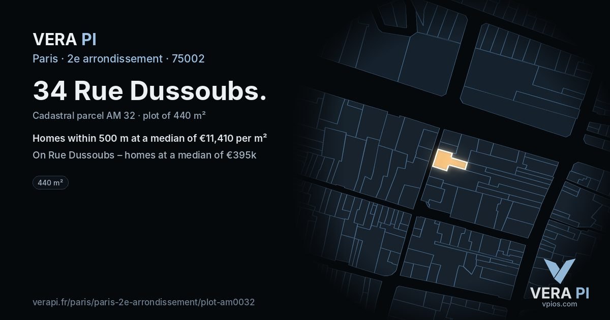 34 Rue Dussoubs, 2e arrondissement at night – the plot lit, the parcels around coloured by the prices near them