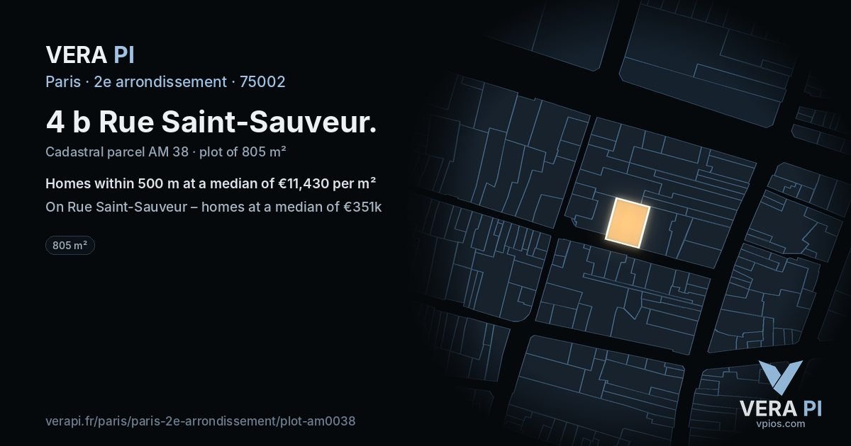 4 b Rue Saint-Sauveur, 2e arrondissement at night – the plot lit, the parcels around coloured by the prices near them