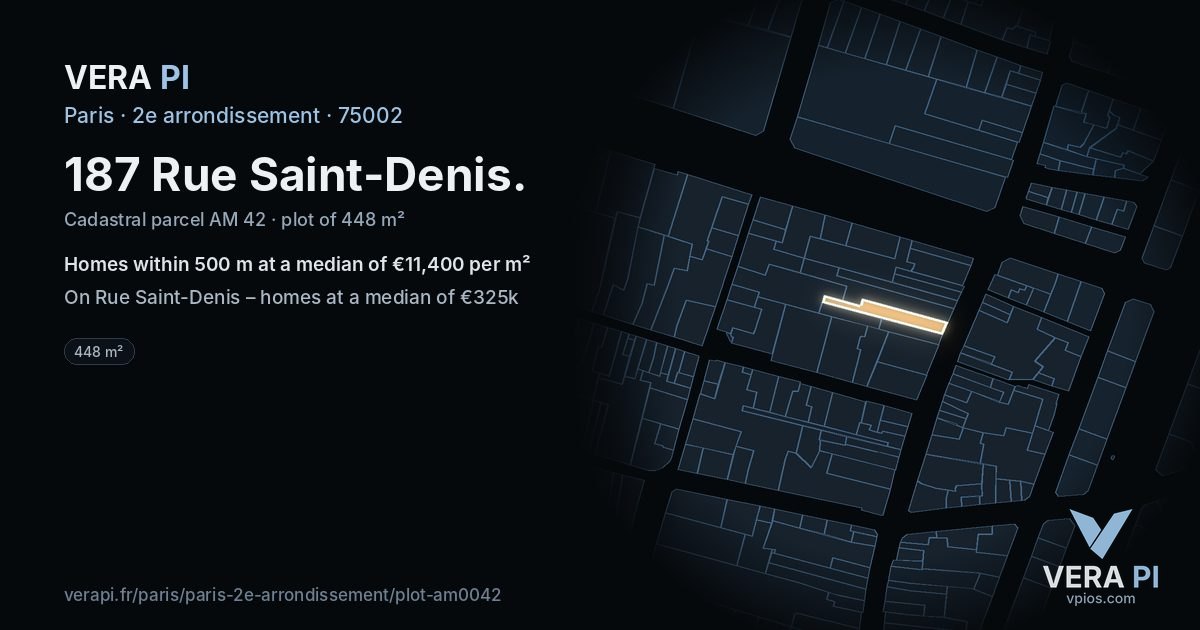 187 Rue Saint-Denis, 2e arrondissement at night – the plot lit, the parcels around coloured by the prices near them
