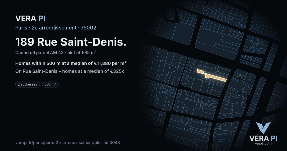 189 Rue Saint-Denis, 2e arrondissement at night – the plot lit, the parcels around coloured by the prices near them