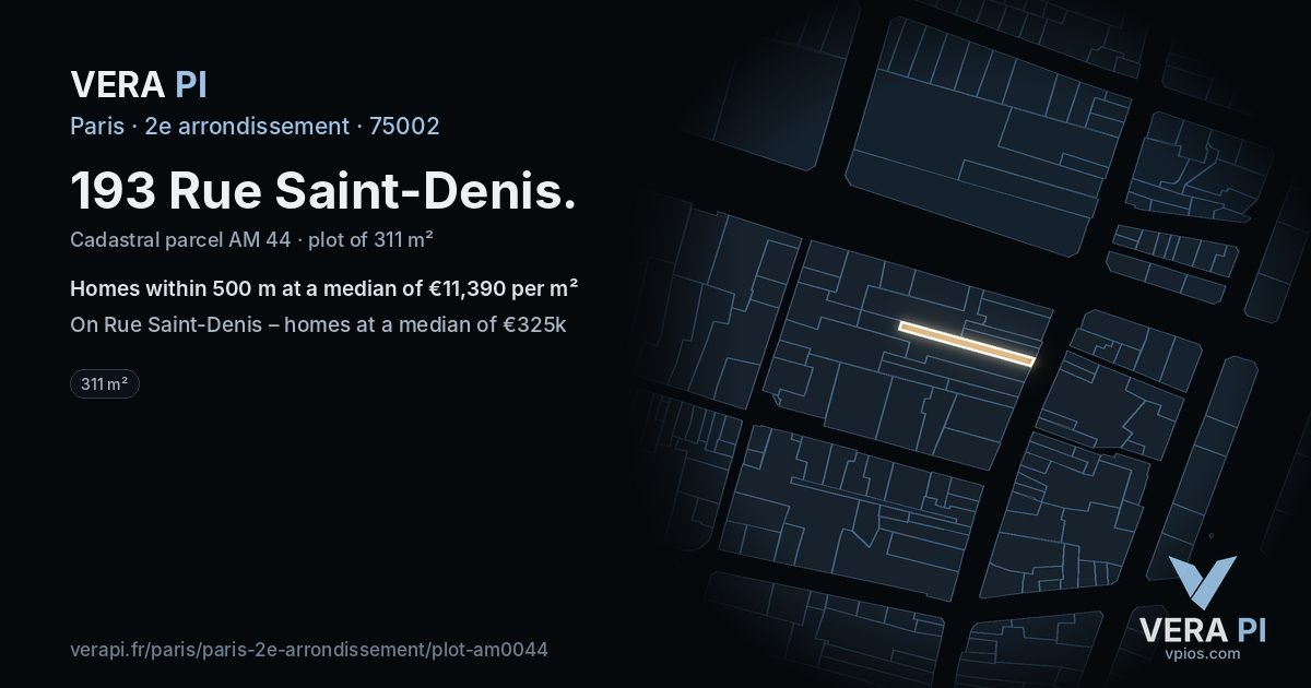 193 Rue Saint-Denis, 2e arrondissement at night – the plot lit, the parcels around coloured by the prices near them